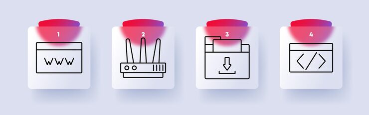 Vector 웹 및 코딩 세트 아이콘 인터넷 브라우저 와이파이 라우터 파일 다운로드 코딩 인터페이스 웹 개발 프로그래밍 온라인 보안 디지털 서비스 소프트웨어