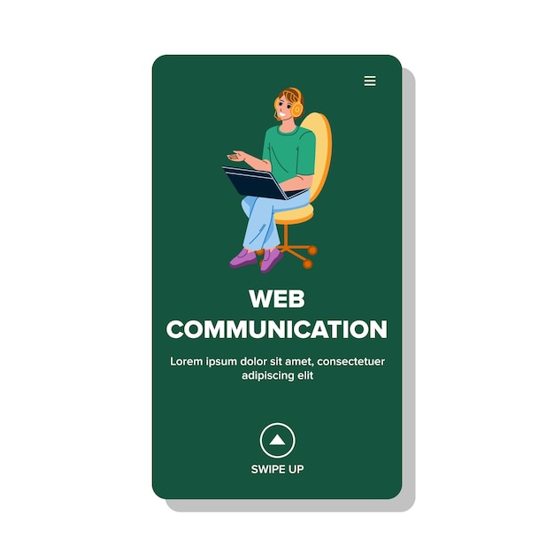 Web Communication Modern Online Technology Vector. Young Man Sitting On Office Chair And Speaking With Client, Web Communication And Customer Support. Character Web Flat Cartoon Illustration