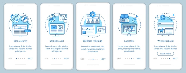 Web consulting onboarding mobiele app pagina scherm vector sjabloon. seo-onderzoek. herontwerp website, audit. doorloop websitestappen met lineaire illustraties. ux, ui, gui smartphone-interfaceconcept