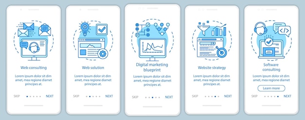 Web consulting onboarding mobile app page screen vector template. Digital marketing, website strategy. Walkthrough website steps with linear illustrations. UX, UI, GUI smartphone interface concept