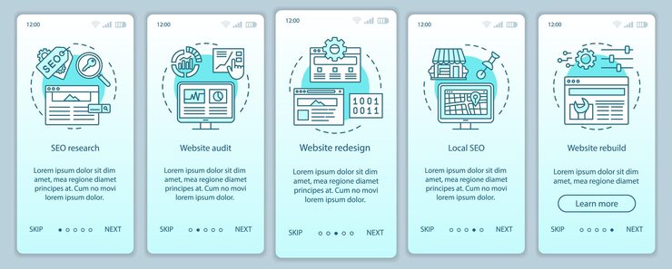 Vector 웹 컨설팅 온보딩 모바일 앱 페이지 화면 벡터 템플릿. seo 연구. 웹사이트 재설계, 감사. 선형 삽화가 포함된 연습 웹 사이트 단계. ux, ui, gui 스마트폰 인터페이스 개념
