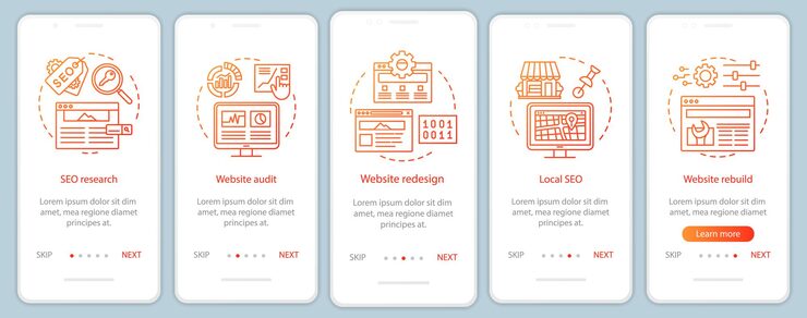 Vector 網站設計,審查,透過線性插圖進行網站步驟. ux, ui, gui 智能手機界面概念
