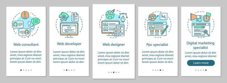 Vector web consulting onboarding mobile app page screen vector template. website development. digital marketing. walkthrough website steps with linear illustrations. ux, ui, gui smartphone interface concept