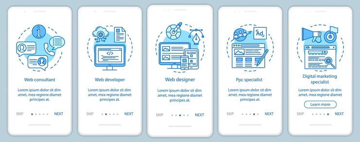 Vector web consulting onboarding mobile app page screen vector template. website development. digital marketing. walkthrough website steps with linear illustrations. ux, ui, gui smartphone interface concept