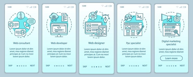 Vector web consulting onboarding mobile app page screen vector template. website development. digital marketing. walkthrough website steps with linear illustrations. ux, ui, gui smartphone interface concept