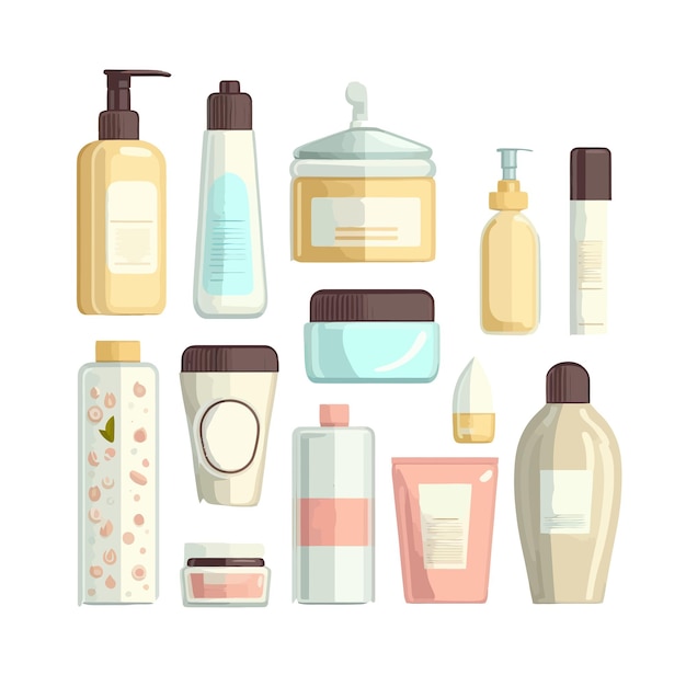 Web cosmetic beauty products in bottles jars set isolated on background cartoon flat vector illustration