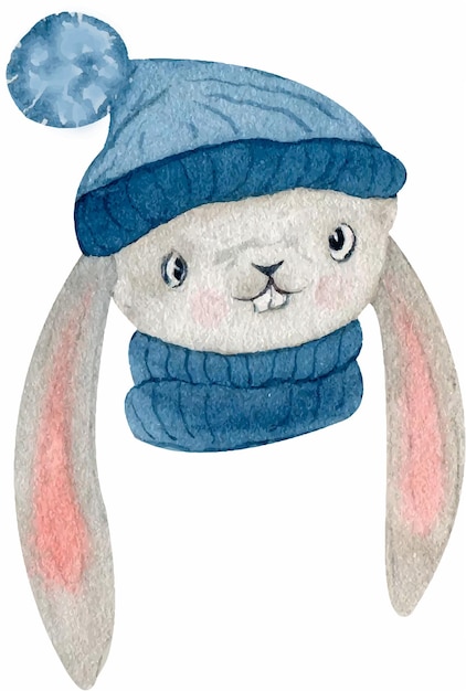 Web cute rabbit with long ears in a warm blue hat and scarf