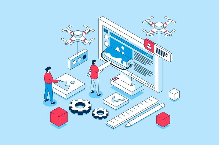 Vector 3d 아이소메트릭 디자인의 웹 디자인 개념 웹 그래픽용 아이소메트리 장면이 있는 배너 및 홈페이지 프로그래밍 및 코딩 벡터 일러스트레이션을 만드는 콘텐츠로 페이지 레이아웃을 만드는 사람