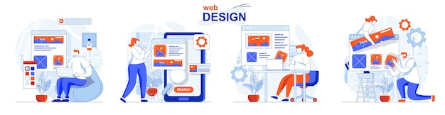 Web design concept set designers create site layouts drawing and places elements