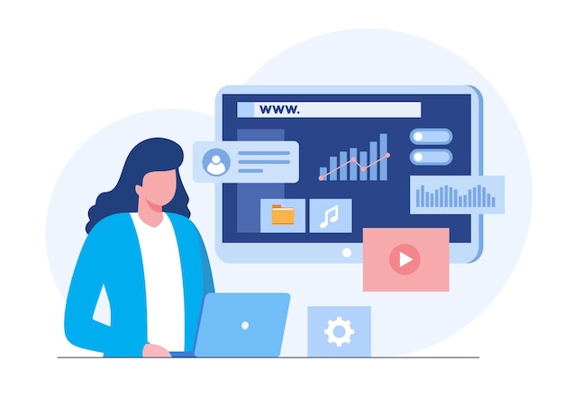 ラップトップ ui ux を持つ web デザインの女の子とコンピューター ソフトウェア開発フラット イラスト ベクトル テンプレートを持つプログラマー