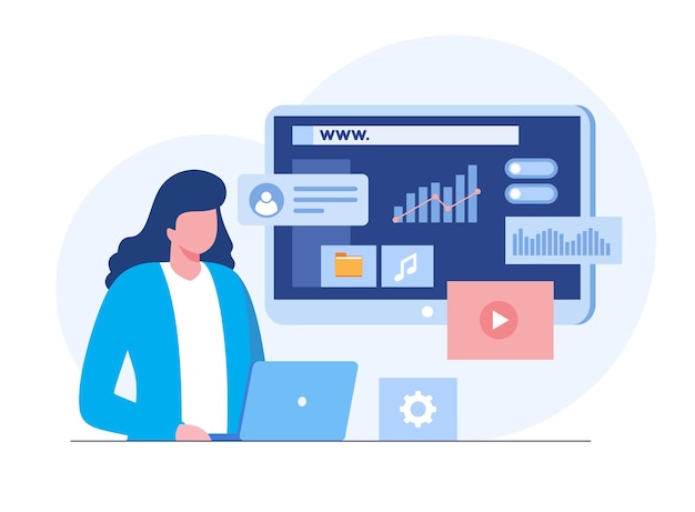 Web design girl with a laptop ui ux and programmer with computer software development flat illustration vector template