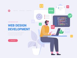 矢量网页设计的着陆页模板。编码、编程网站主页界面的想法与平面插图。数字营销。平面设计发展网络横幅卡通的概念