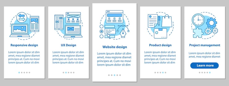Vector web design onboarding mobile app page screen with linear concepts. website, ux, responsive design, branding, project management steps graphic instruction. ux, ui, gui vector template with illustration