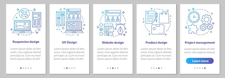 Vector 선형 개념이 있는 웹 디자인 온보딩 모바일 앱 페이지 화면. 웹사이트, ux, 반응형 디자인, 브랜딩, 프로젝트 관리 단계 그래픽 지시. 일러스트와 함께 ux, ui, gui 벡터 템플릿