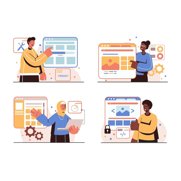 Vector web design people concept isolated scenes set. men and women create website layouts, place elements and graphics, write code, optimize and analyze web page data. vector illustration in flat design