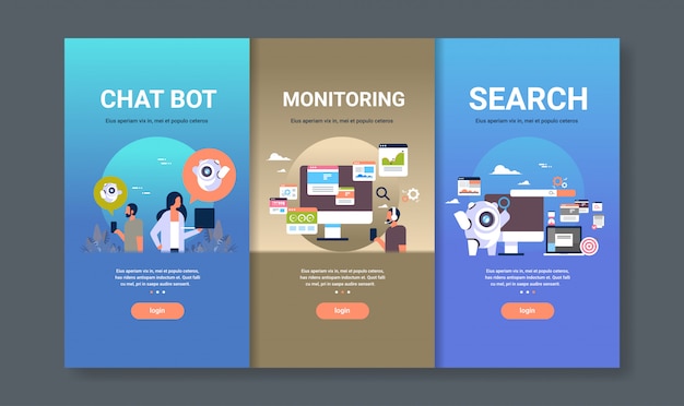 チャットボットの監視と検索の概念のさまざまなビジネスコレクションのwebデザインテンプレートセット