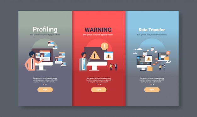 Web design template set for profiling warning and data transfer concepts different business collection