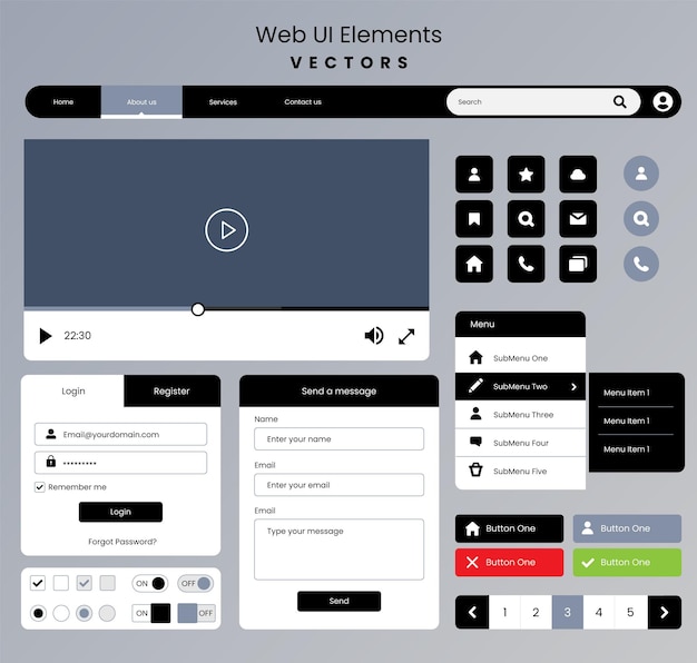 웹 디자인 UI 요소. 웹 및 애플리케이션을 위한 UI UX 디자인 요소입니다. 평면 디자인 양식.