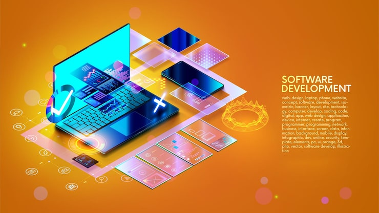 Вектор web design website create isometric concept software development web design banner laptop phone with website layout site development technology banner computer software development technology