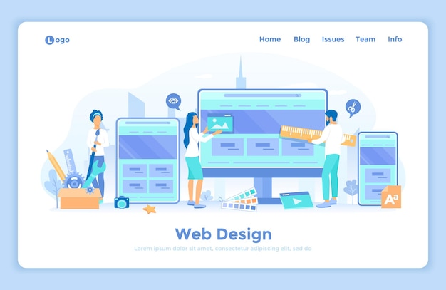 Vector web design website template for monitor laptop tablet phone a team of web designers are working