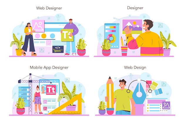 ベクトル webデザイナーのコンセプトセット。インターフェイスとコンテンツのプレゼンテーションの設計と開発。ウェブサイトのレイアウト、構成、色の開発。フラットベクトルイラスト