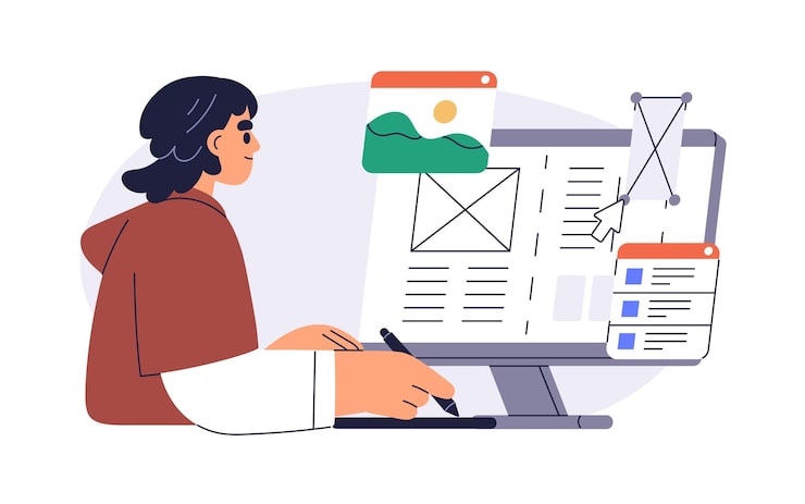 Vector web designer creating site layout developing user interface and webpage design at computer landing page wireframe construction ui development flat vector illustration isolated on white background