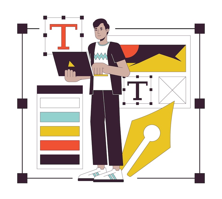 Vector 웹 디자이너 플래트 라인 개념 터 스 일러스트레이션 노트북을 가진 프리랜서가 글을 선택합니다 2d 만화 윤 웹 ui 디자인을 위해 색에 캐릭터 편집 가능한 고립 된 색상 영웅 이미지