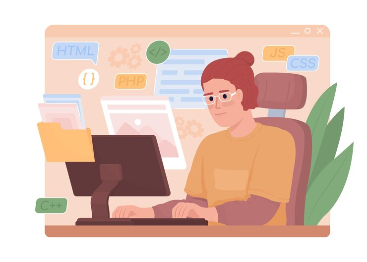 Vector web designer makes portfolio 2d vector isolated illustration