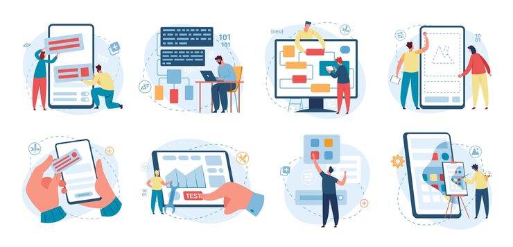 Vector web designer and programmer working on web development. software developer writing code, programming software, developing app vector concept set