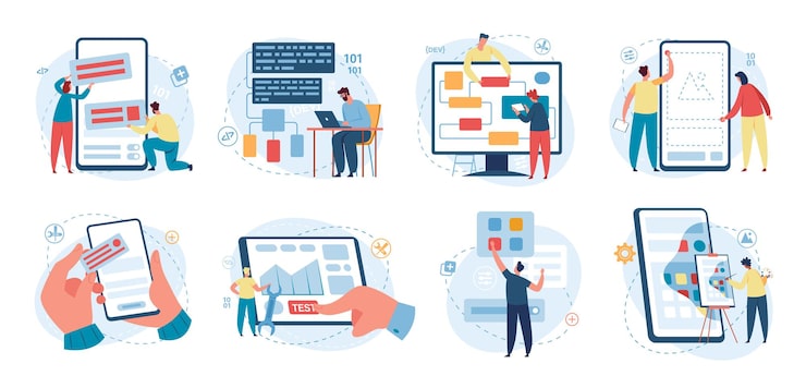 Vector 網頁設計師和程序員在網頁開發工作. 軟件開發者寫代碼,編程軟件,開發應用程式向量概念集