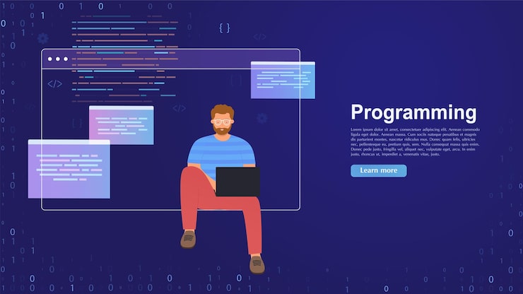 Vector web designer working on designing user interface or web application development and software seo optimization young man working on laptop concept of programming data processing