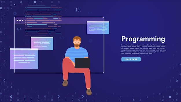 Вектор Веб-дизайнер, работающий над проектированием пользовательского интерфейса или веб-приложения разработка и оптимизация программного обеспечения seo молодой человек работает над концепцией ноутбука по программированию обработки данных