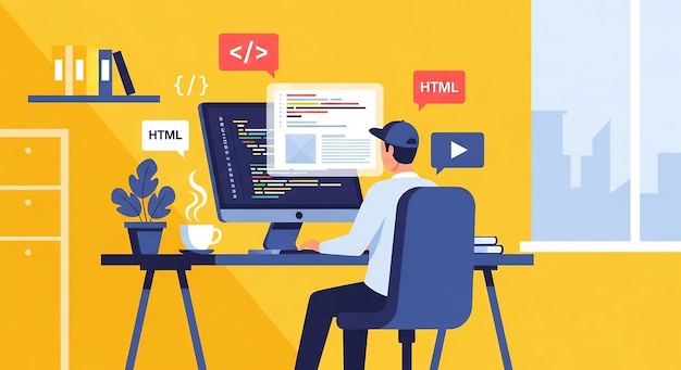 Web Developer Coding at Desk with HTML and Browser Windows