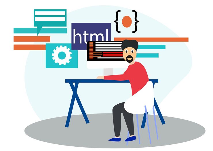 Vector web developer coding at desk with html and code snippets