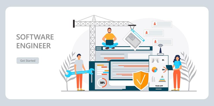 Vector web developer concept vector for landing page programmer constructs website using crane and writes code software engineer working in digital or ai technology software development