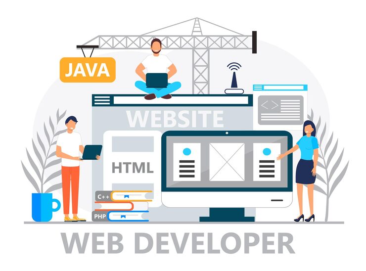Vector web developer concept vector for landing page programmer constructs website using crane and writes code software engineer working in digital or ai technology software development
