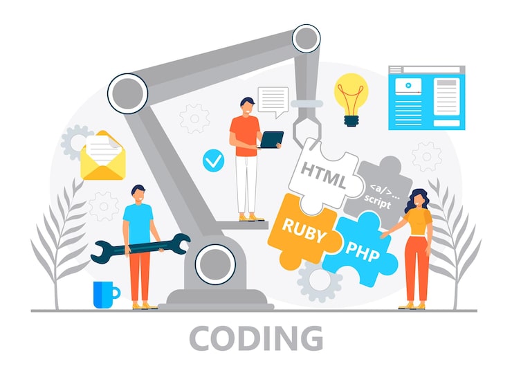 Vector web developer concept vector for landing page programmer constructs website using crane and writes code software engineer working in digital or ai technology software development