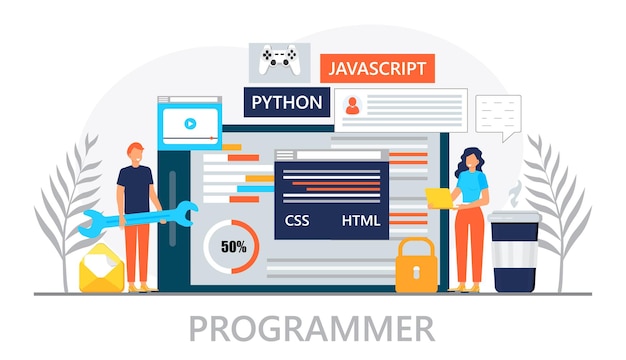 Vector web developer concept vector for landing page programmer constructs website and writes code software engineer working in digital or ai technology software development in it