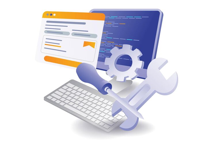 Vector web developer creates application displays using programming language