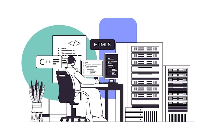 Vector web developer creating program code on computer monitor screen development of software and programming