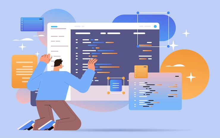 Vector web developer creating program code development of software and programming concept horizontal