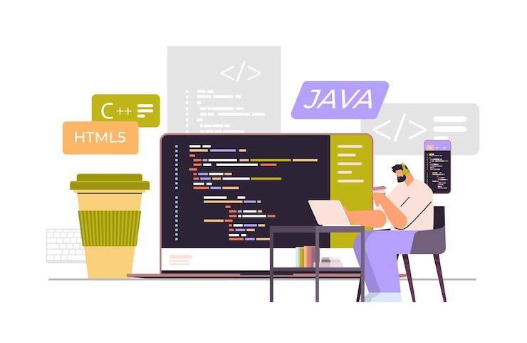 Vector ソフトウェアとプログラミングの概念のラップトップ画面開発でプログラムコードを作成するweb開発者