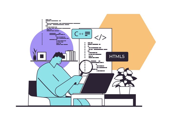 Vector web developer creating program code on laptop screen development of software and programming concept