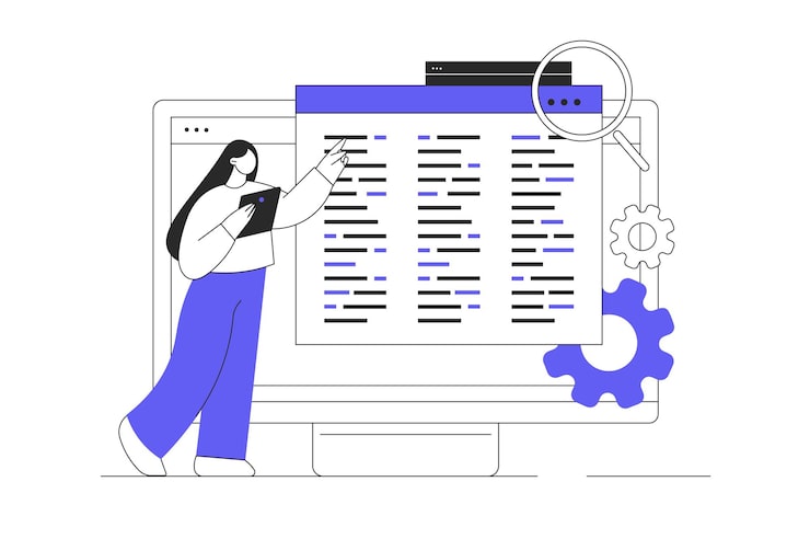 Vector web developer creating program code on monitor screen backend development coding and programming