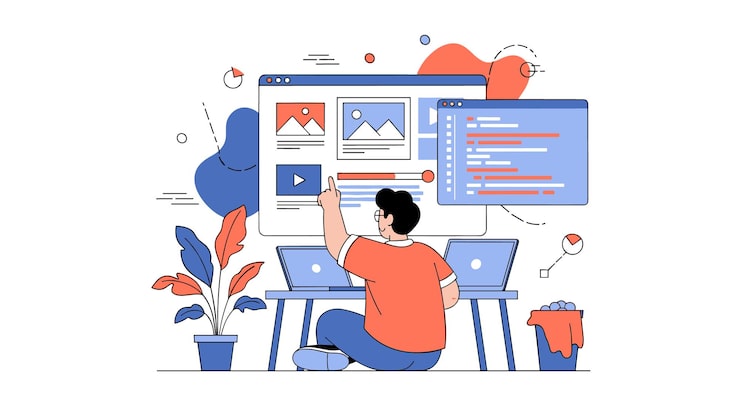 Vector web developer creating a user interface on a computer showing the coding process