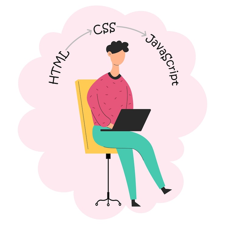 Vector web developer sits on a chair programmer in flat design man with laptop programming languages html css and javascript