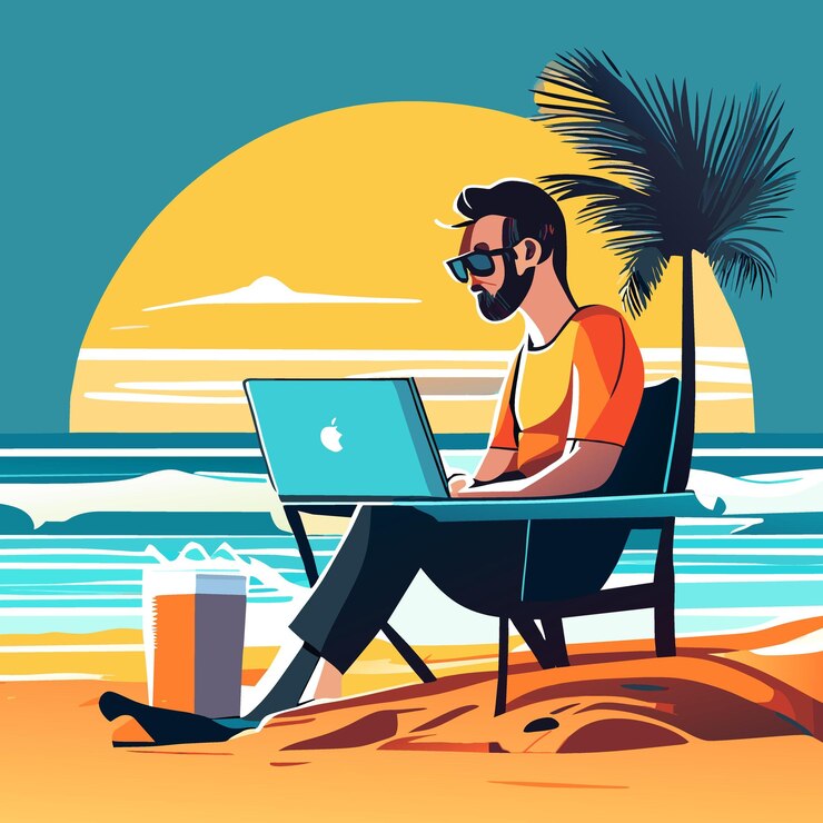 Vector web developer with macbook on vacation work on beach and drink mojito vector illustration flat