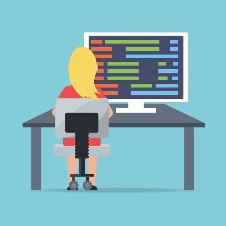 Vector web developer working on computer programming coding