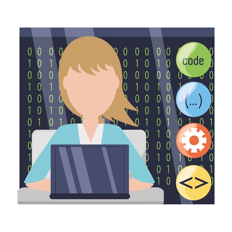 Vector web developer working on computer programming coding 