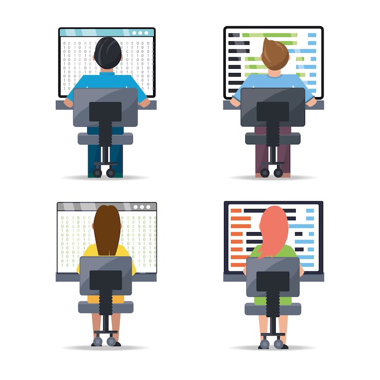 Vector web developer working on computer programming coding